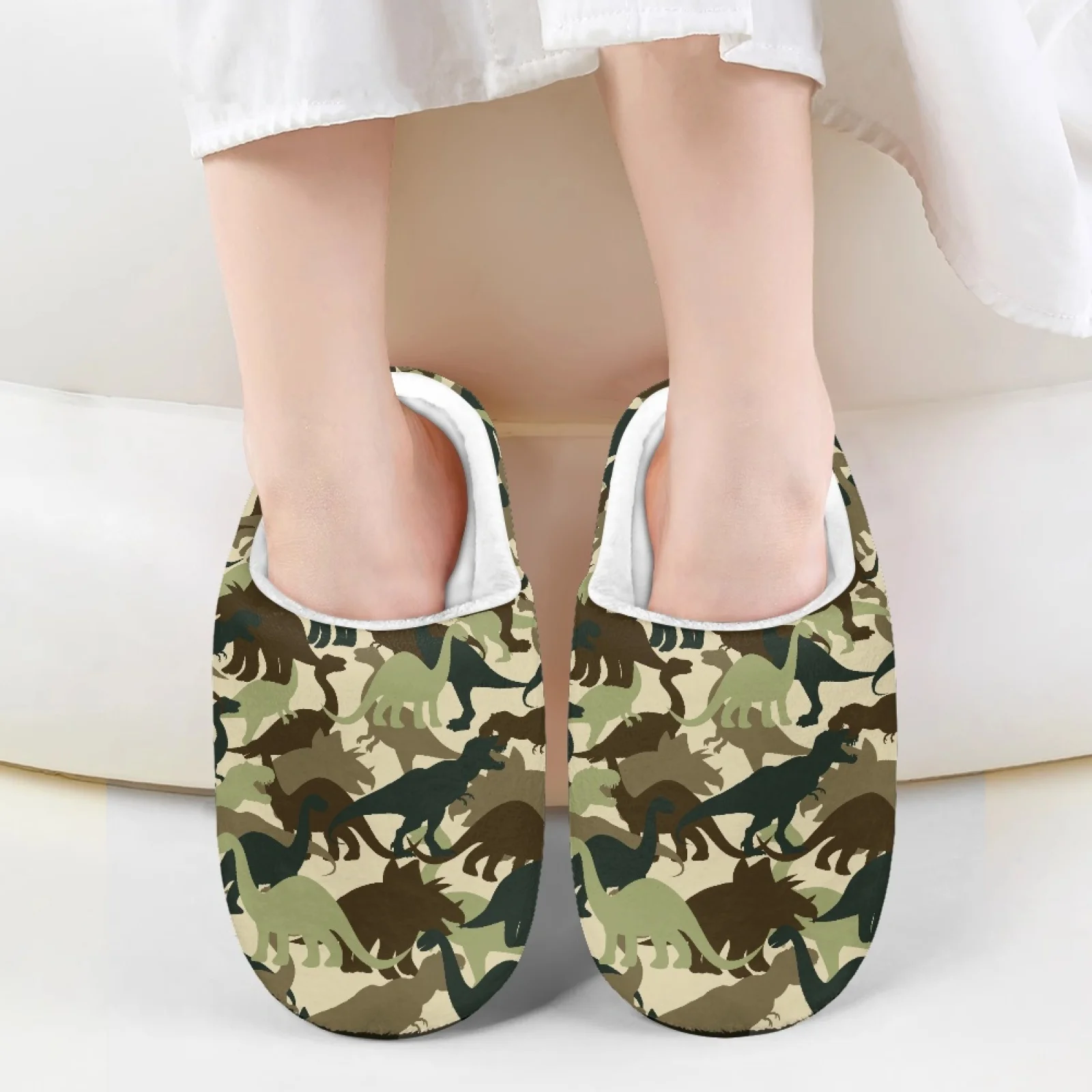 Camo Dinosaur Winter Home Plush Slippers Kids Half Shoes Boys Girls Mules Sandals Indoor Bedroom Cotton Slipper Children Slides