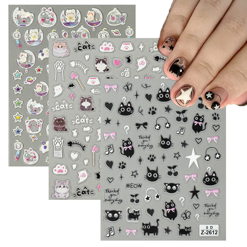 Adesivi per unghie con gattino cartone animato per bambini - Decorazioni per nail art a tema felino divertente e carino