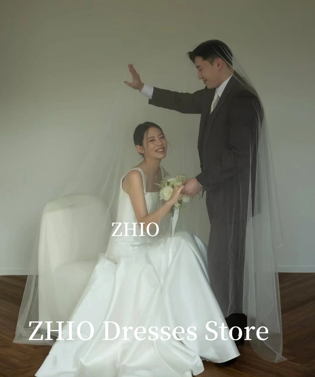 ZHIO Simple Princess Wedding Dress A-Line Floor Length Sweep Train Taffeta Korea Photo Shoot Bridal Gown Customized Elegant