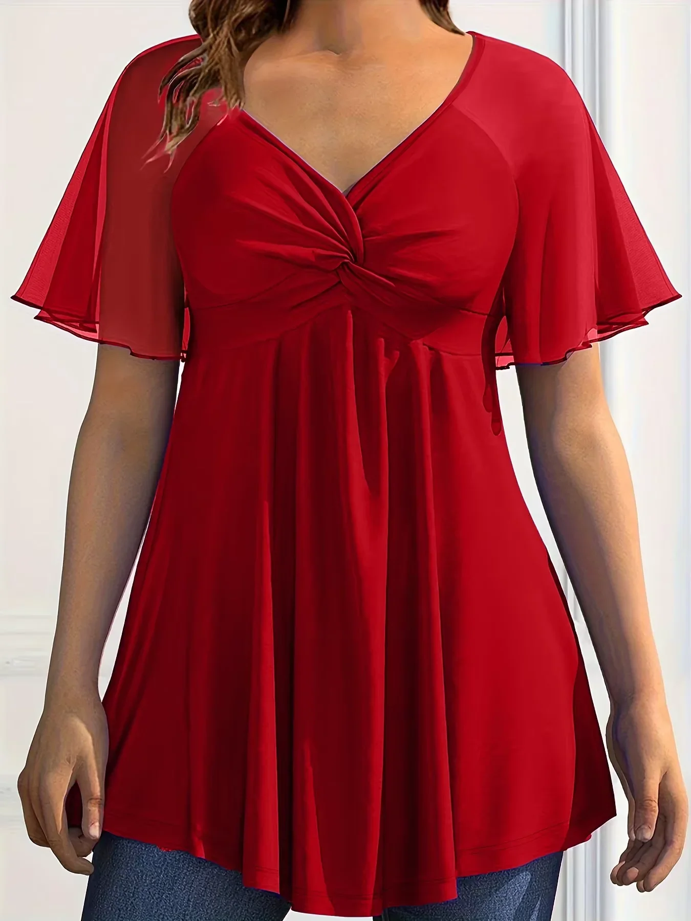 

Женская шифоновая футболка больших размеров с коротким рукавом и рюшами, элегантный повседневный летний топ с v-образным вырезом, модные женские футболки черного, синего, красного цвета