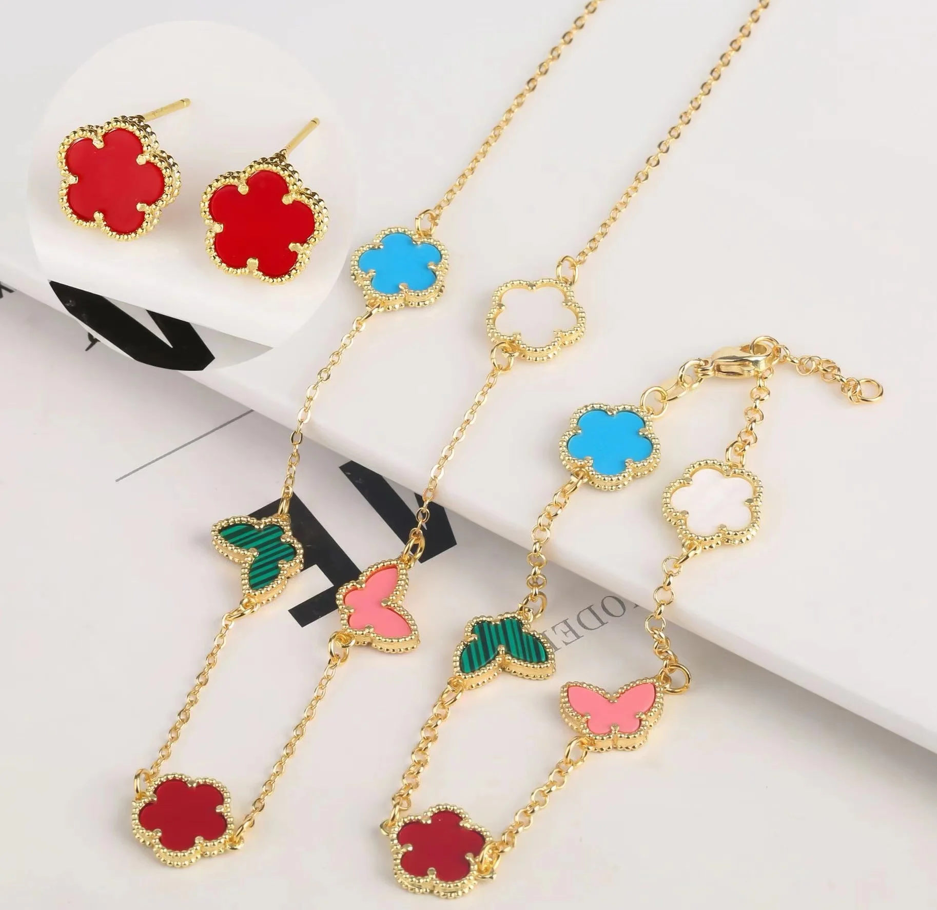 Cute Sweet Creative Butterfly Flower Natural Stone Bracelet Necklace Jewelry Set for Women Luxurious 18K Gold Plated Simple