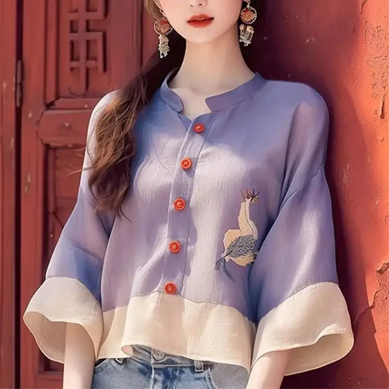 Limiguyue Chinese Style Purple Patchwork Blouse Autumn Chic Embroidery Women Shirt Long Sleeve Red Button Loose Tops Causal 353P