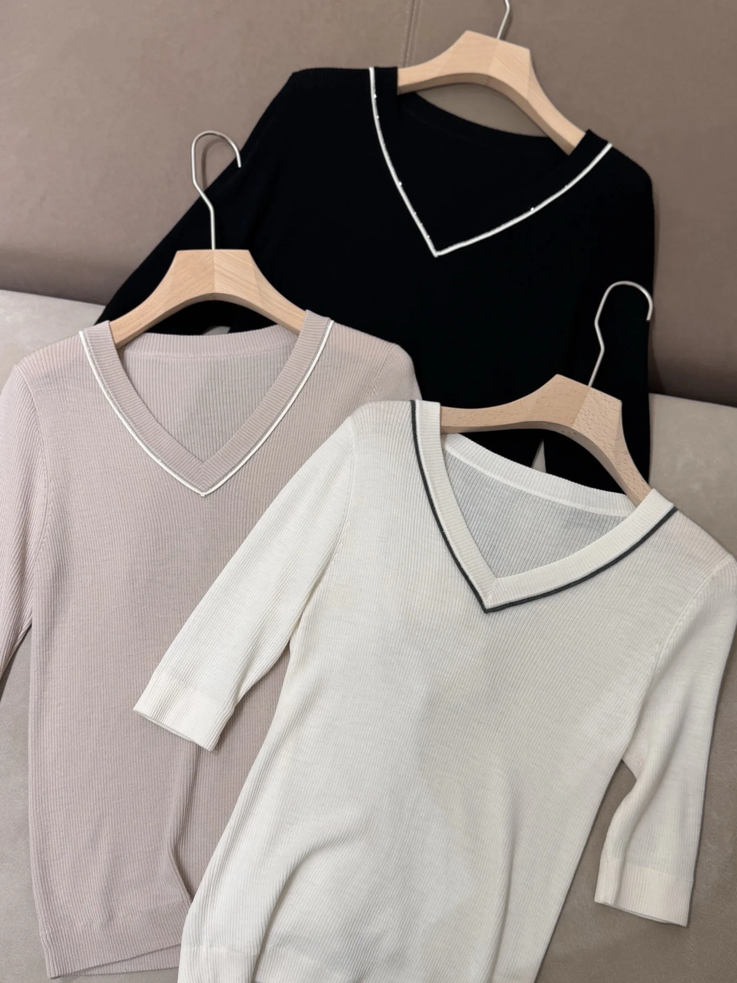 Ele Simple Wool Knitted ort Sve T-Shirt V-Ne Bequemes, faionable Damen Basic Sle Regular Fit Herbst Top