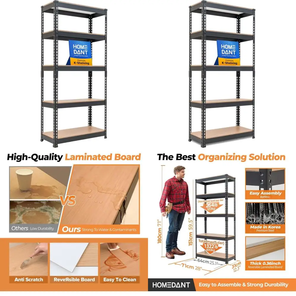 

5-ярусный регулируемый металлический стеллаж для гаража с черным покрытием для хранения и организации вещей