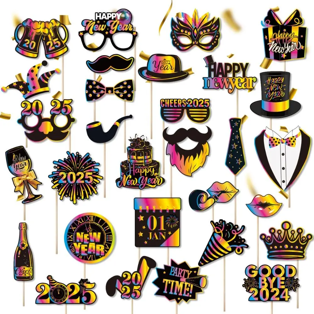30 pçs colorido 2025 ano novo fotografia adereços dos desenhos animados diy photo booth adereços papel elegante feliz ano novo decoração