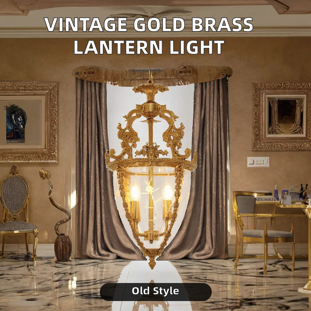 15 Inch Vintage French Gold Copper LED Lantern Pendant Light Glass Shade Dimmable Hotel Use Project Installation 5-Year Warranty