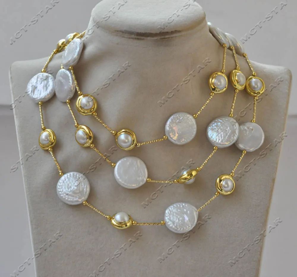 

Z13078 Luster 44'' 20mm White Round Coin Gold Plated Pearl Necklace