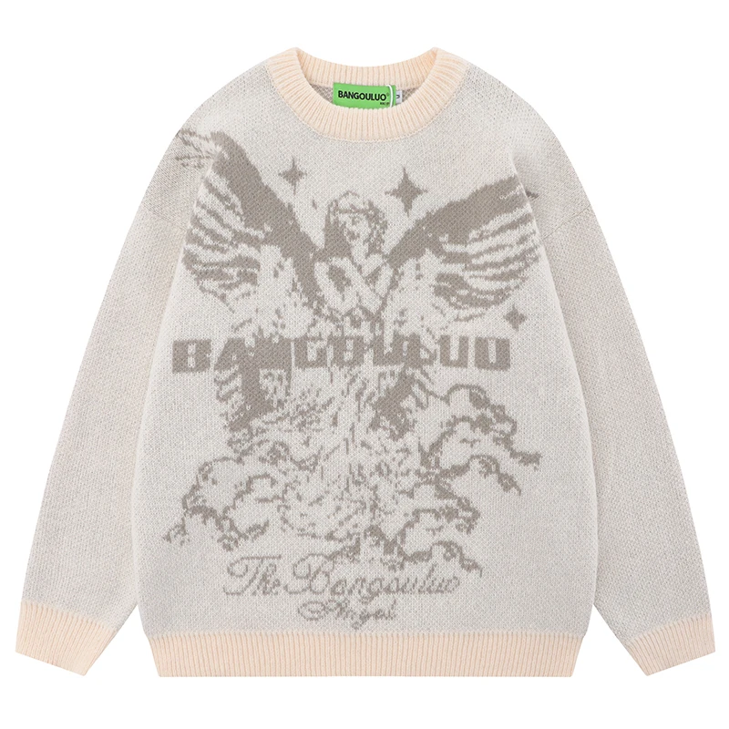 Autumn Mens Knitted Jumper Sweaters Hip Hop Angel Graphic Knitwear Streetwear Harajuku Fashion Casual Pullovers Knit Clothing