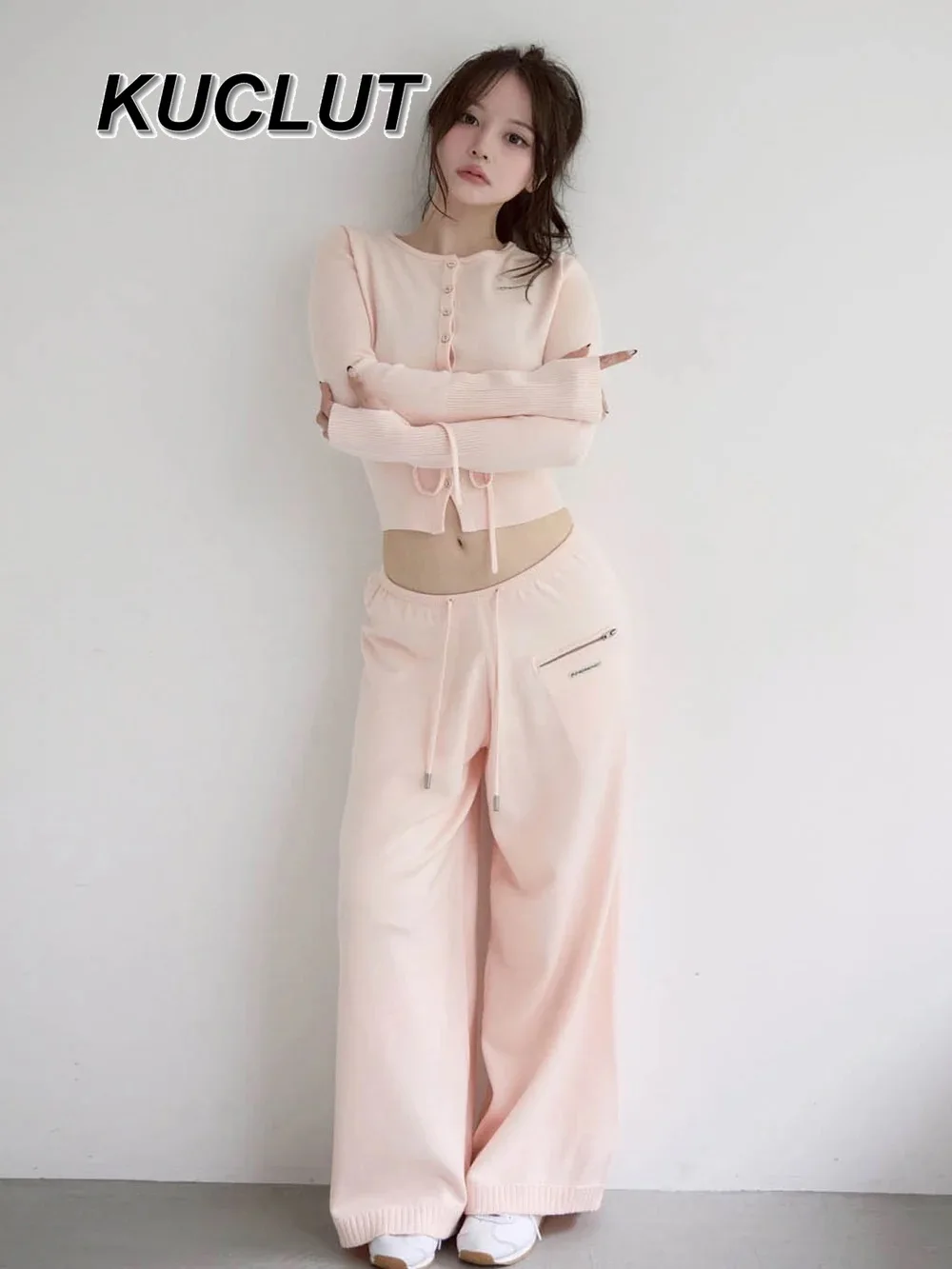 

Женские комплекты из двух предметов в японском стиле, осенне-зимний повседневный костюм, короткий кардиган на шнуровке + широкие брюки на молнии, комплект Femme