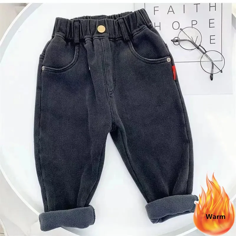 Jeans sarouel doublés en peluche pour garçons, pantalons en denim épais pour enfants, pantalons taille haute élastiques baggy, plus velours chaud,