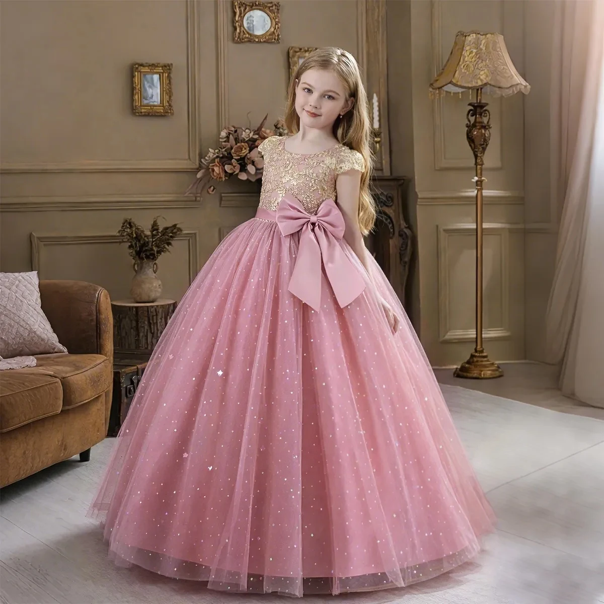 Vestido de Moda para Niñas, con Lentejuelas y Encaje, para Damas de Honor, Bodas, Fiestas de Cumpleaños, Princesas, Bailes de Graduación, Disfraces de Noche