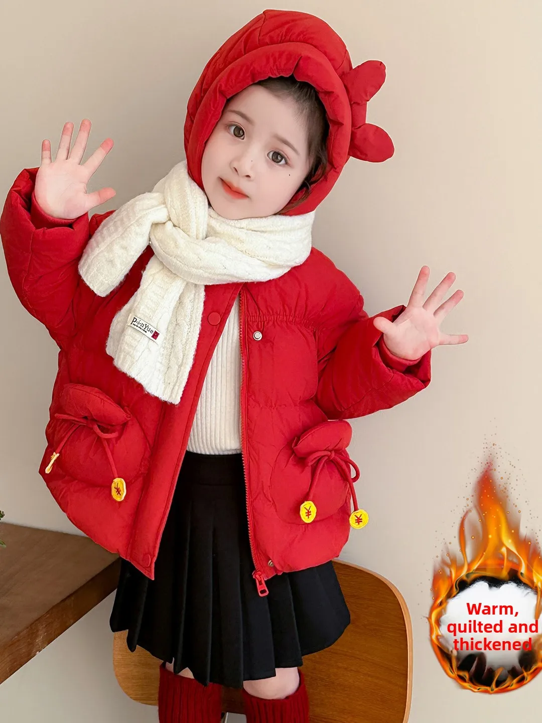

Thiened Cotton Jaet for Little Girls Winter Warm Coat Children's Clothing Sweet Sle Long Sve Zipper Closure Hooded