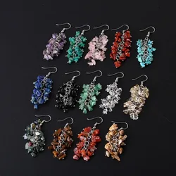 Natural Stone Crystal Grape Tassel Earrings Raw Gemstone Amethyst Lapis Lazuli Tiger's Eye Rose Quartz Chakra Crystal Earring