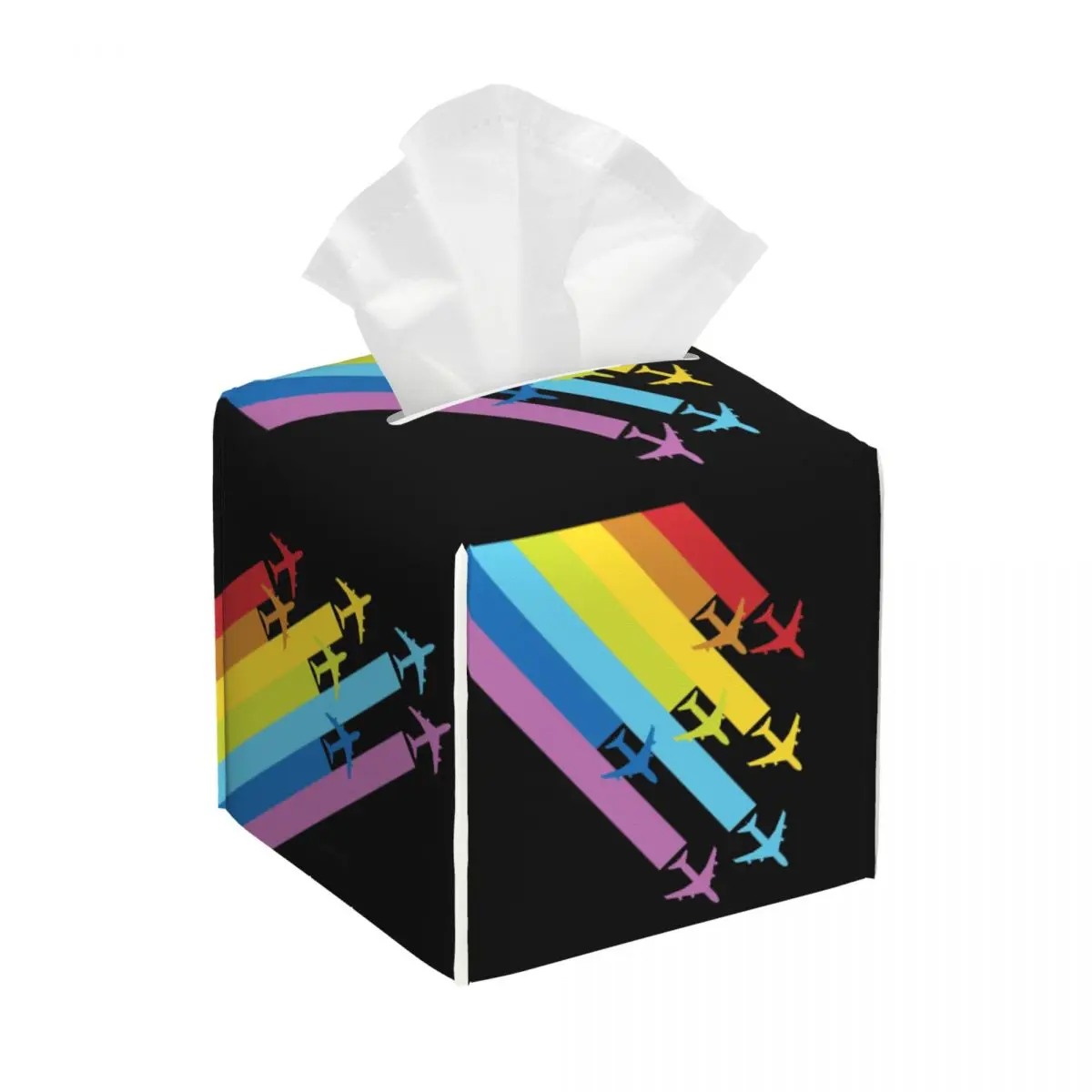 Custom Rainbow Airplanes Chemtrails Tissue Box Cover PU Leather Square Aviation Fighter Pilot Facial Tissues Holder for Home