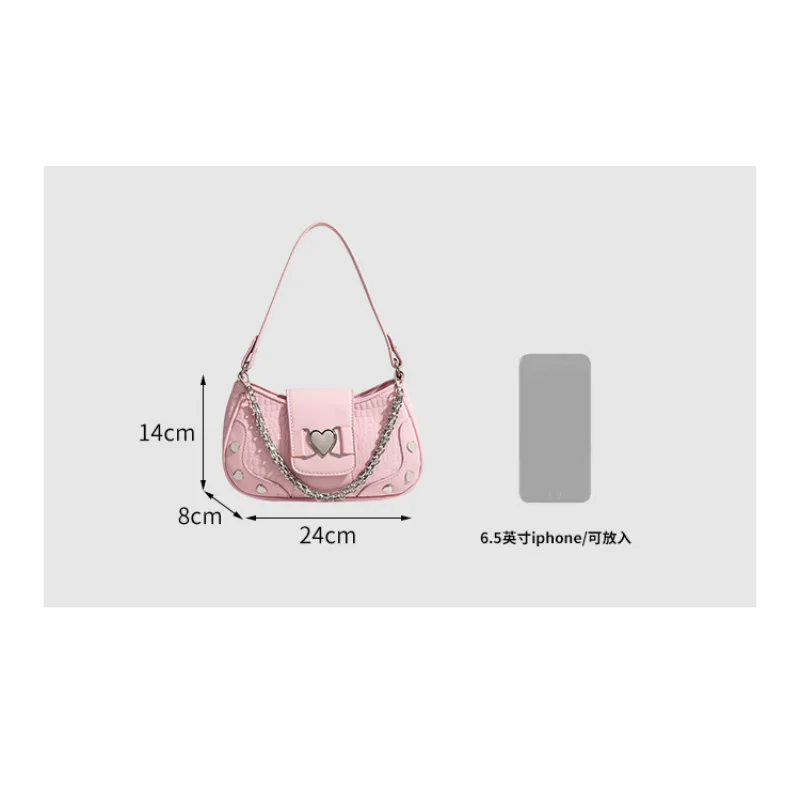 2024 New Women\'s Heart Rivet Underarm Shoulder Bags Y2K Punk Pink Crossbody Bags Hottie PU Leather Fashion Cool Zip Handbags