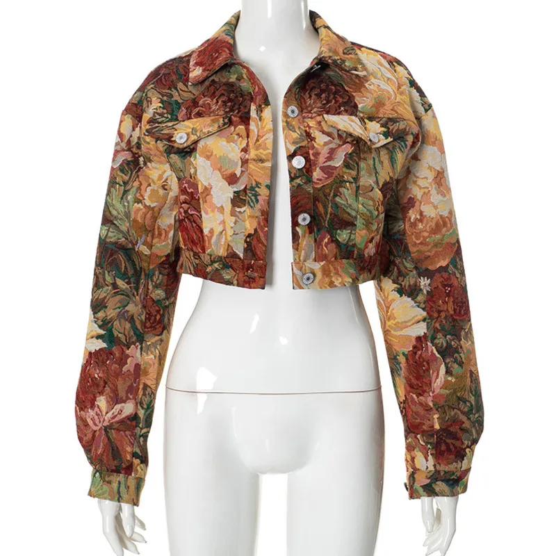 HKSH Damen Tide Streetwear Stilvoller Umlegekragen Langarm Bedruckte kurze Jacke Lässige trendige Taschen Miniröcke HK8153