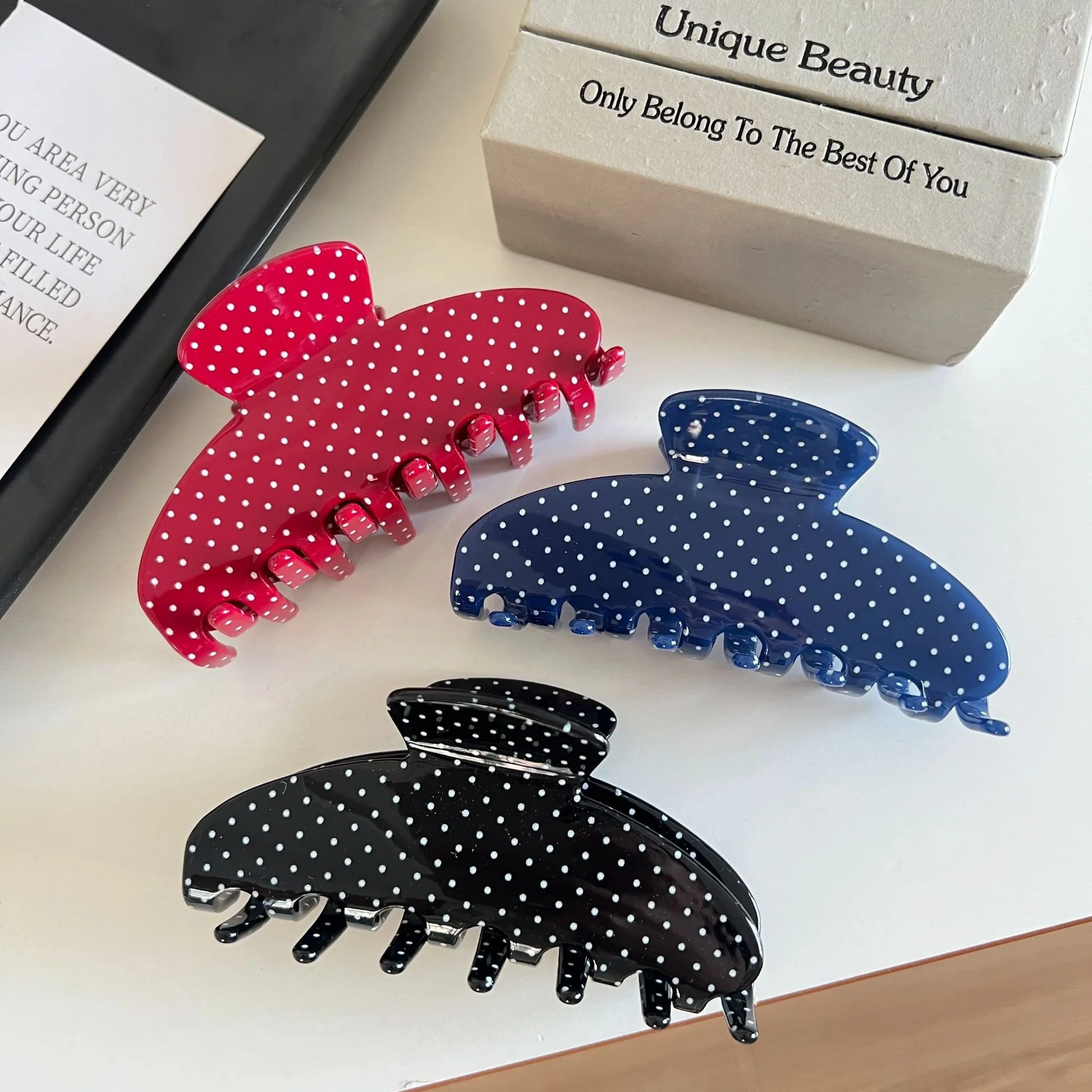 1pc French vintage ins style polka dot red blue black acetate large shark clip, hair updo clip, back head hairpin hair accessory