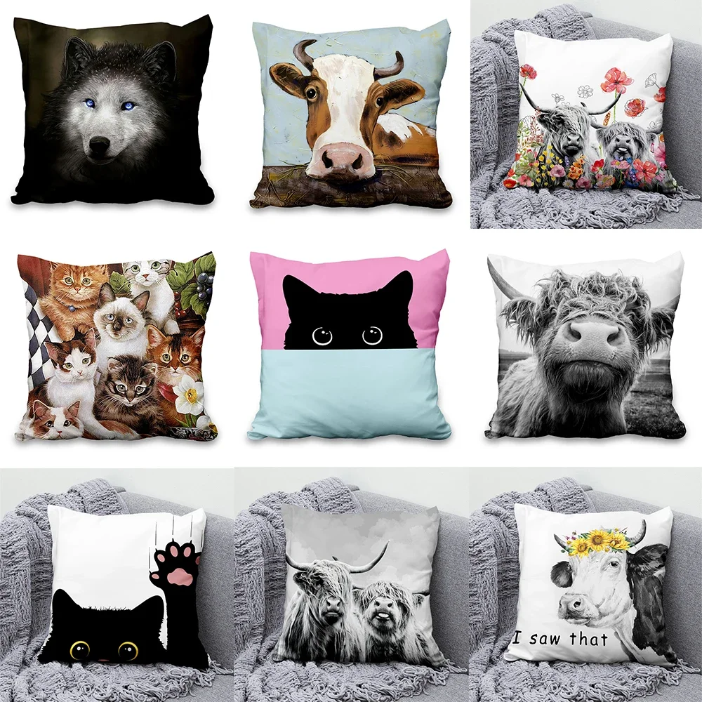 

Floral Animal Cushion Cover Home Pillow Sofa Room Car Pillowcase Decor Wolf Cow Velvet Decorative