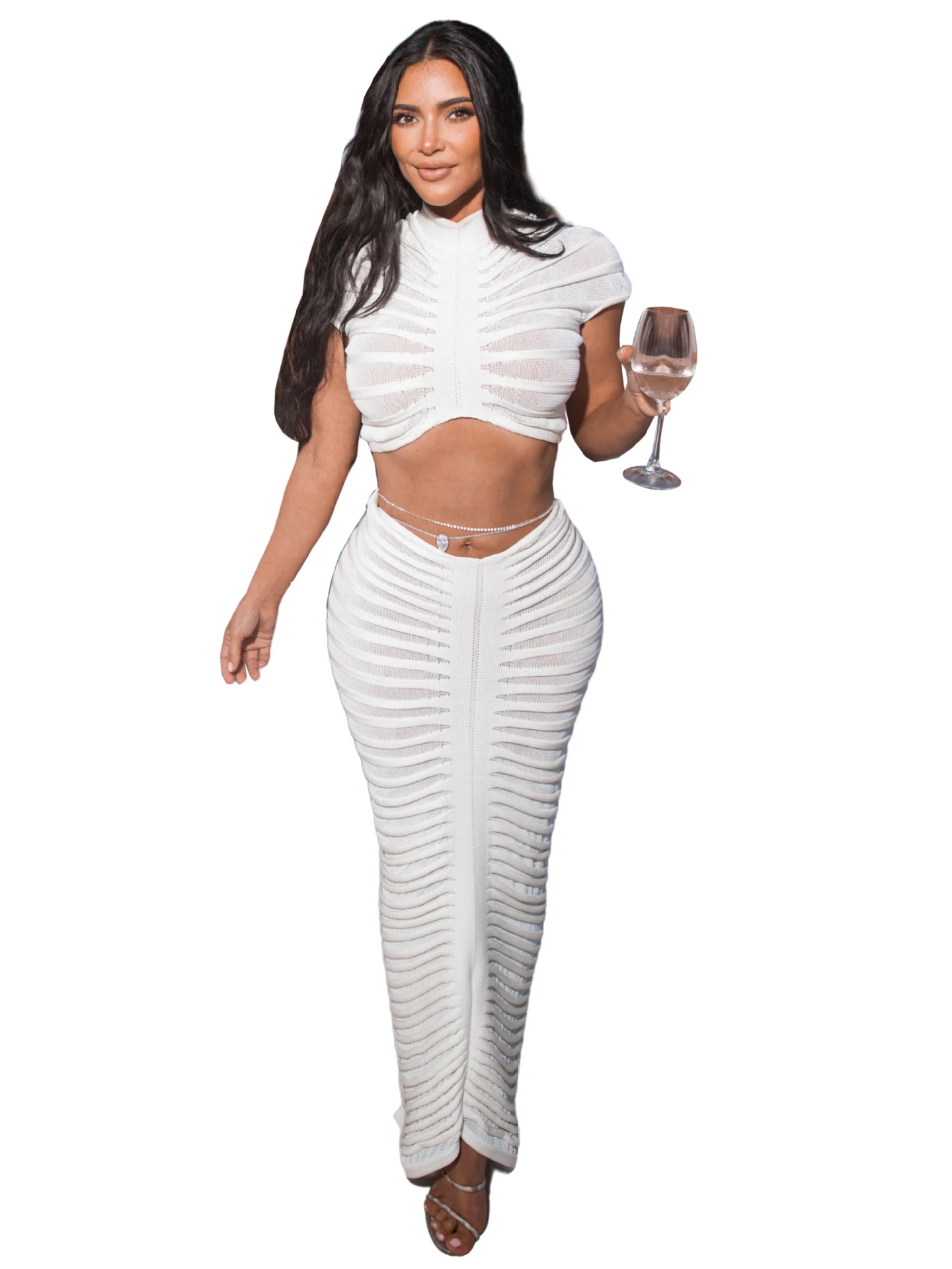 Szkzk Pleated Knitting See Through Women's Set Shirt Crop Top And Long Skirt Bodycon Suit Sexy Night Club Party Two Piece Sets