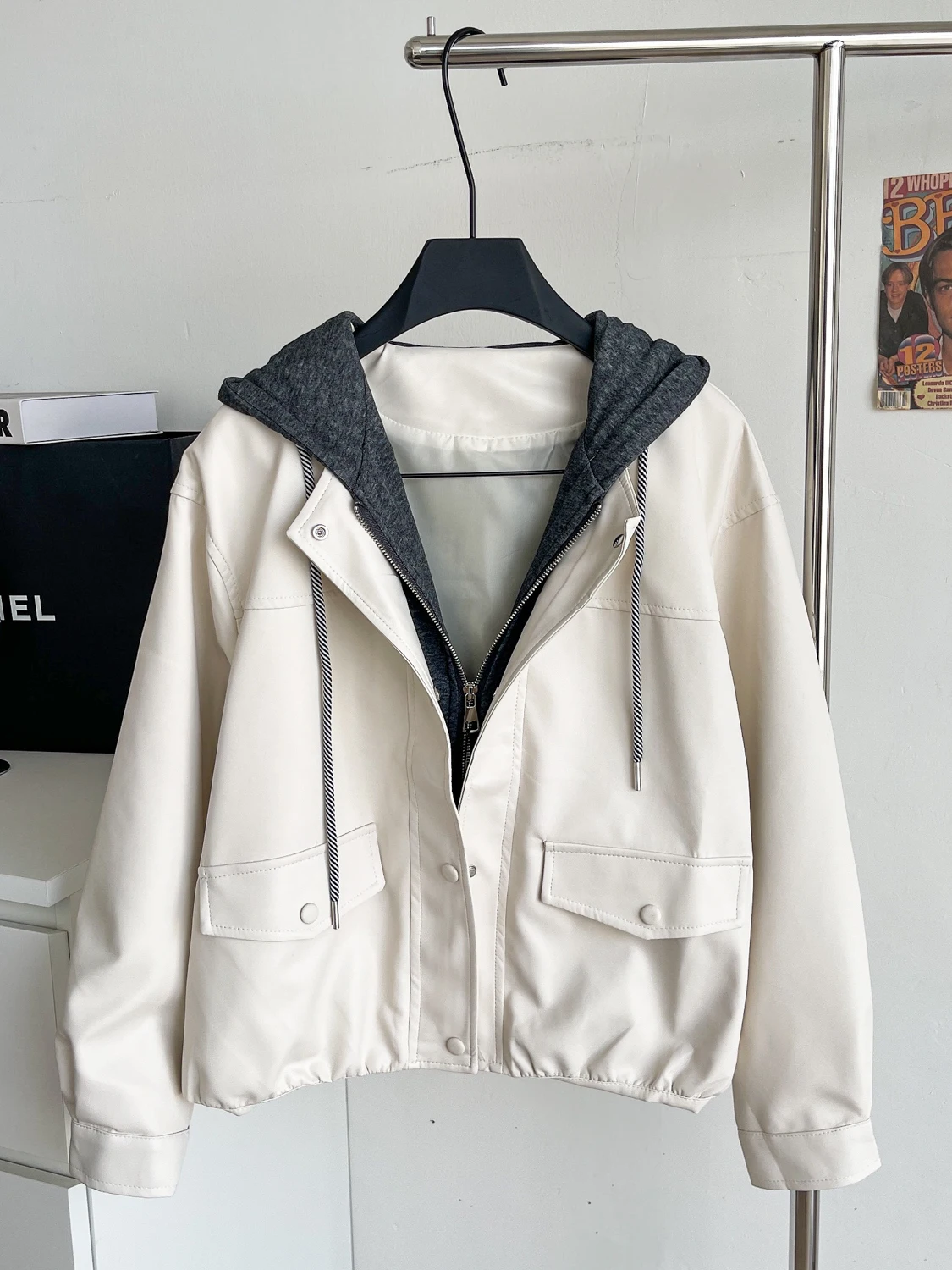 Casual Faionable Korean Sle Women's Leather Jaet Coat Hooded Patchwork Loose Fit Fall Season Versatile Trendy Outerwear