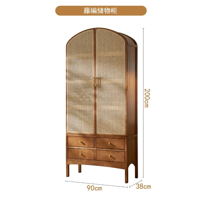 Retro solid wood rattan locker, housekeeping cabinet hotel high cabinet wabi-sabi wind bookcase