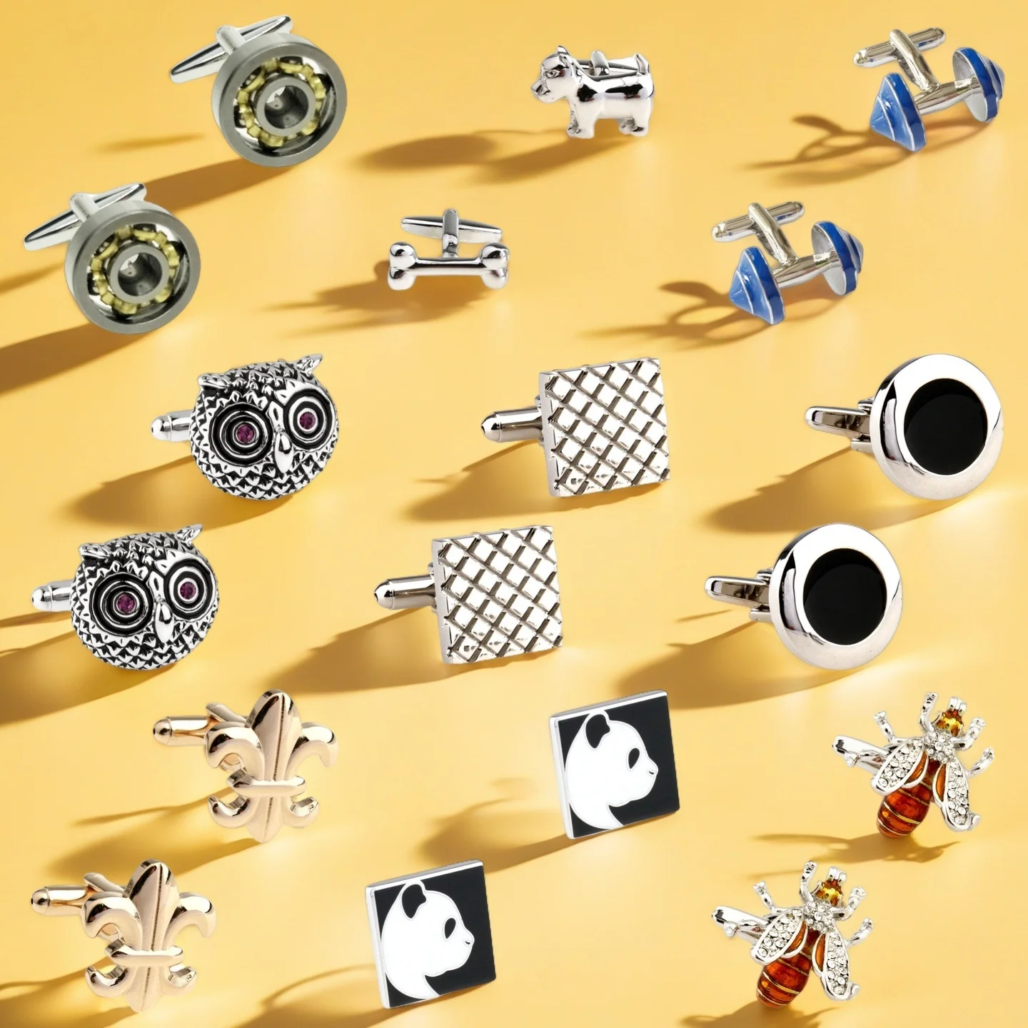 28 أنماط الكلب النحل الباندا أزرار أكمام زهرة معدنية سوداء أزرار أكمام 1 زوج