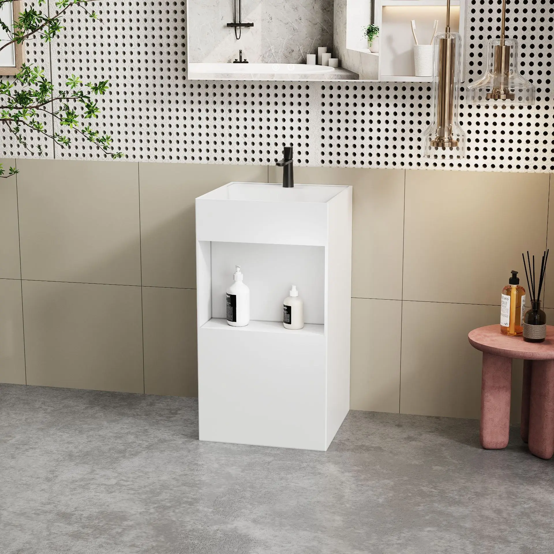 Integrated storage floor-standing artificial stone column basin lavatory for hotels and homestays