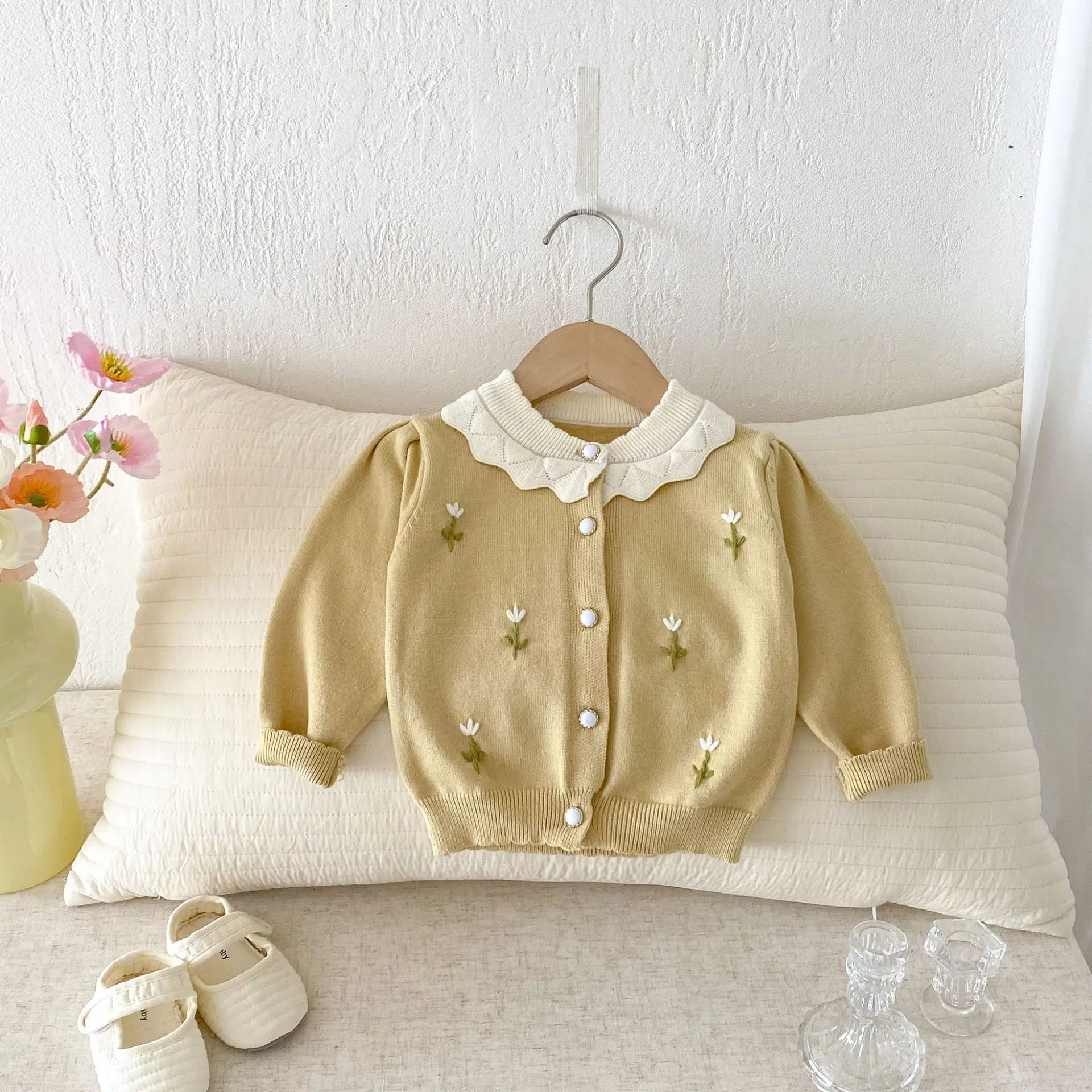 Baby Sweater Cardigan 2025 Spring Autumn New Lotus Leaf Collar Embroidered Coat Knitted Top for Girls Baby