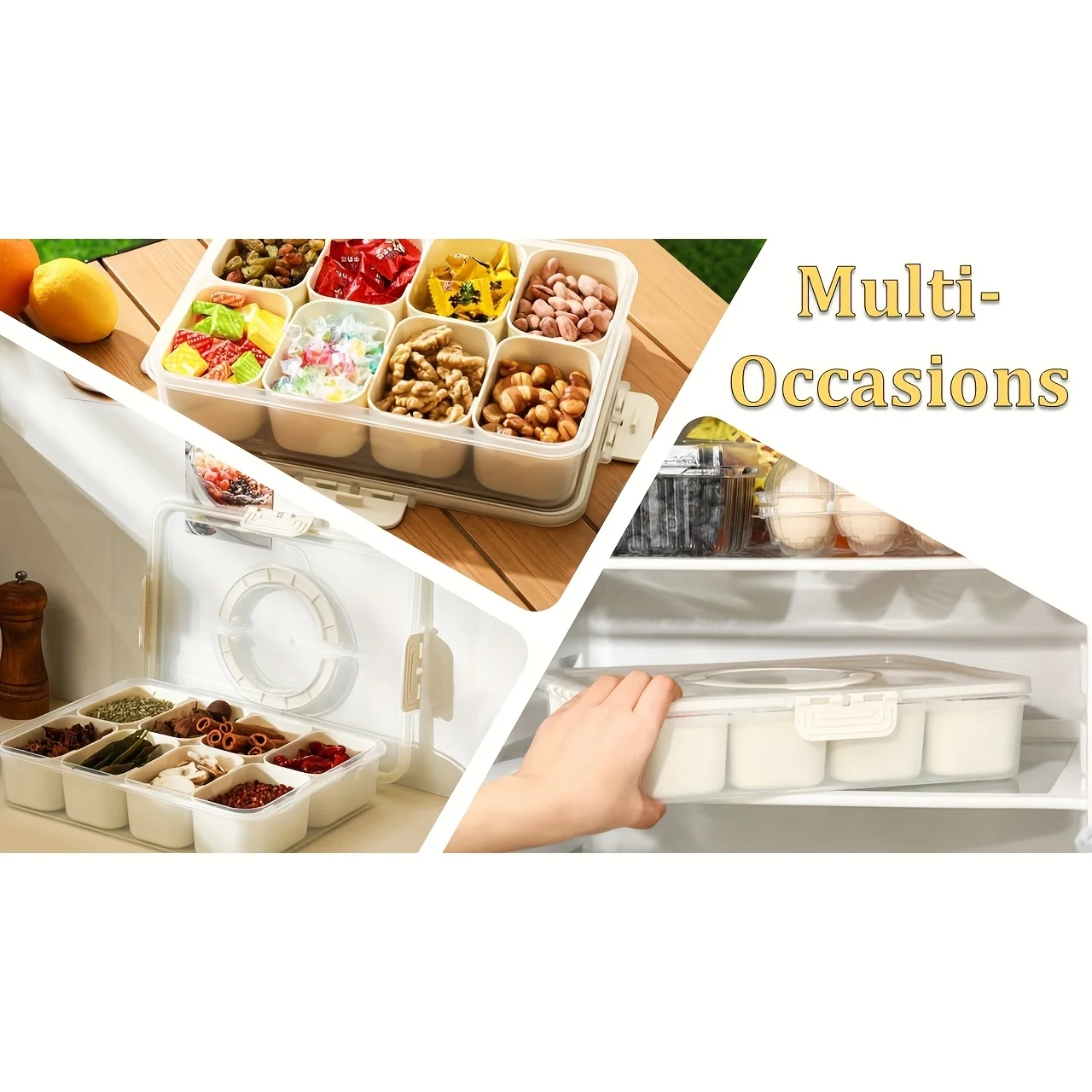 1/2 مجموعة حاوية علب الوجبات الخفيفة، صندوق الوجبات الخفيفة المحمول 8 مقصورات صينية تقديم مقسمة مع غطاء، منظم تخزين شفاف