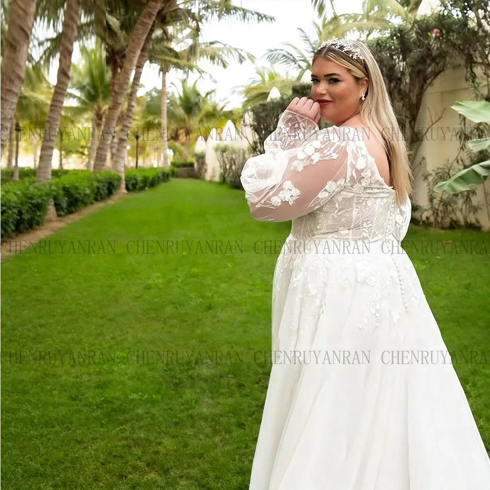 Elegant Plus Size Wedding Dresses For Bride Tulle V-Neck Applique A-Line Bridal Gowns Full Sleeves Puff Brides dress Customized