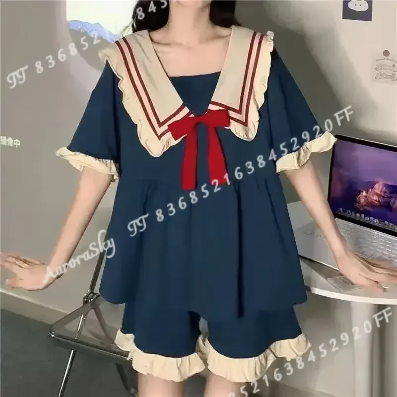 Plus Size Women Pajamas Set Sweet Doll Neck Short Sleeve Top and Shorts 2PCS Solid Color Kawaii Homewear for Girls Students