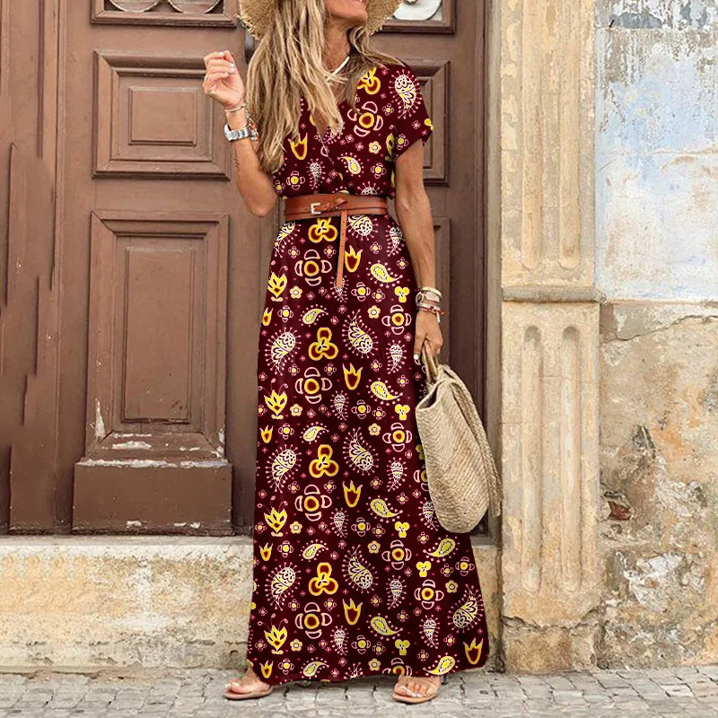 Women Sexy Casual Elegant Holiday Dress Summer Trend V-Neck High Slit Irregular Midi Dress Retro Vintage Print Slim With Belt