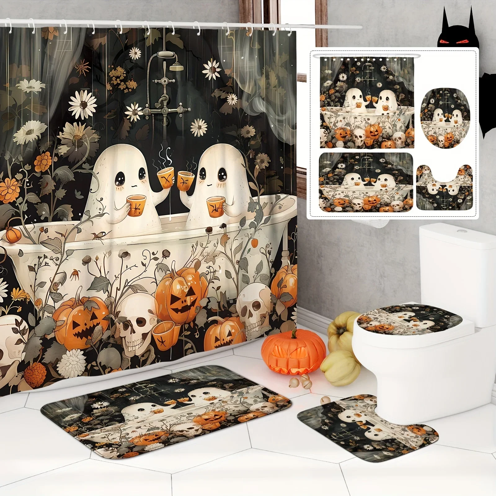 Halloween Ghost Pumpkin Skull Shower Curtain Set with Non-Slip Rugs Polyester Waterproof Horror Bathroom Accessories with12 Hook