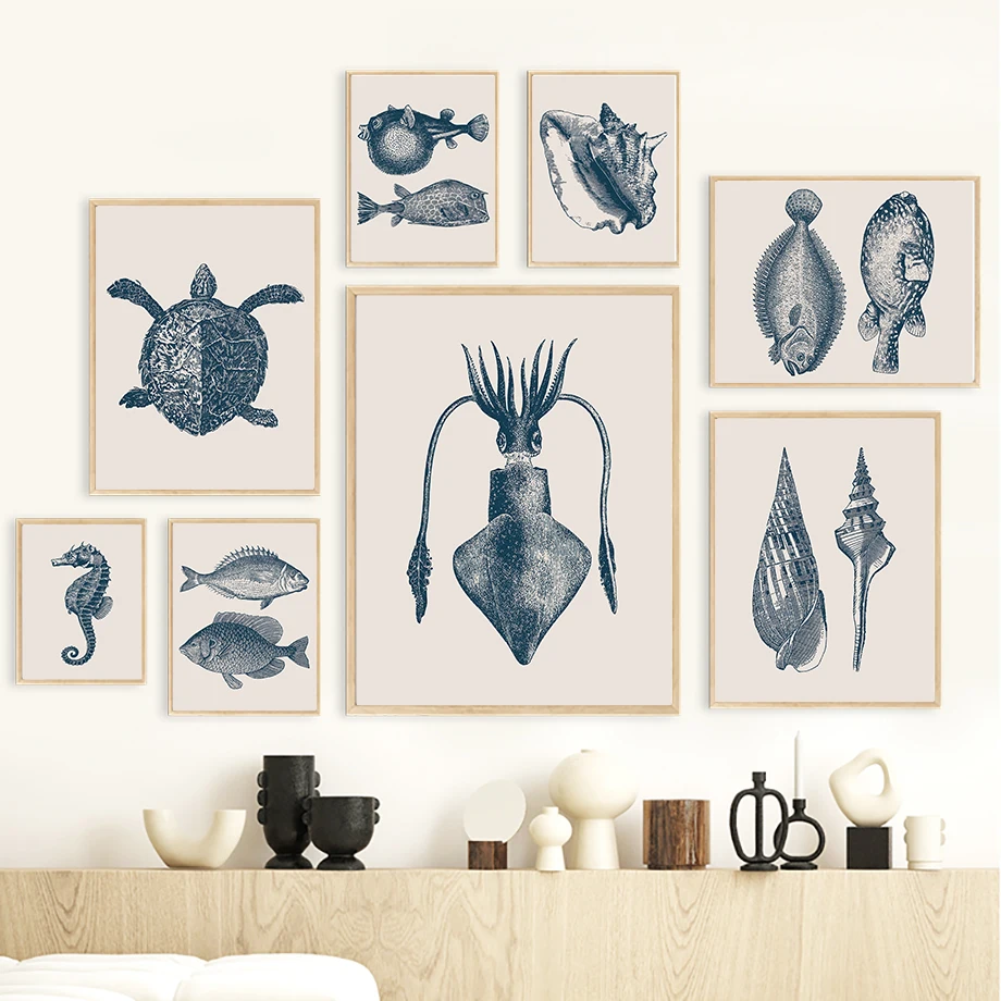 Seahorse Octopus Jellyfish Crab Vintage Marine Life Wall Art Print Canvas Painting Posters For Living