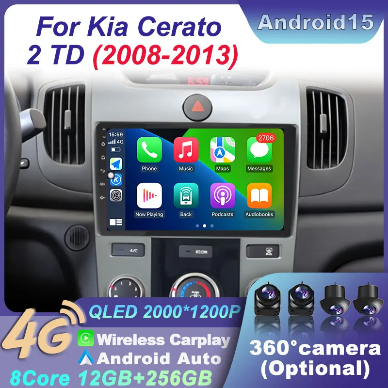 

Для Kia Cerato 2 TD 2008-2013 Carplay Автомобильный мультимедийный плеер Радионавигация Android 15 Auto 4G WIFI GPS Беспроводная стереосистема BT QLED