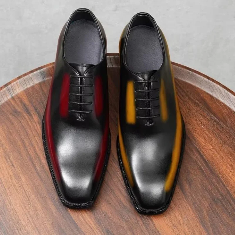 Stylish Color-blocked Pure Cowhide Leather One-piece Oxford Shoes For Men Square-toe Lace-up Dress shoes