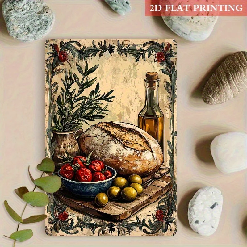 Vintage Mediterranean Kitchen Metal Wall Art – Rustic Olive and Tomato Tin Sign for Farmhouse, Cafe or Restaurant Decor, 8x12