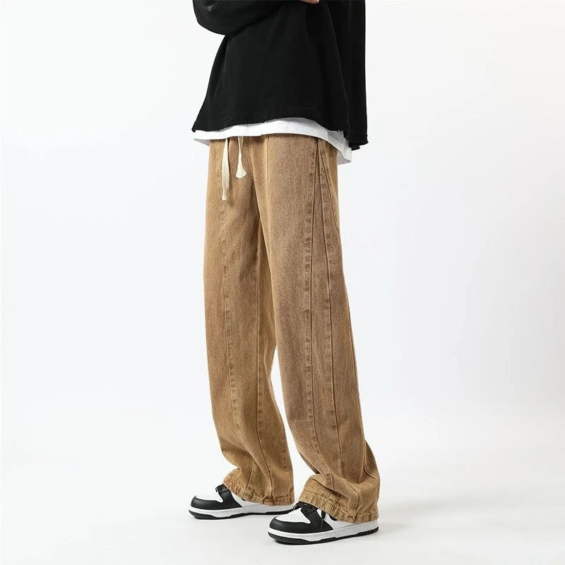 بنطال بنمط American Vibe بنطال جينز عالي الشارع برباط مغسول وخصر مطاطي وواسع الساق مقاس كبير