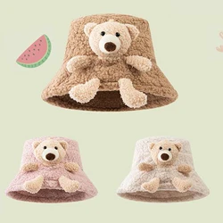 Winter Warm Bucket Hat 3D Stuffed Teddy Bear Wide Brim Autumn Plush Fisherman Hat for Adults Children Cute Bear Basin Hat