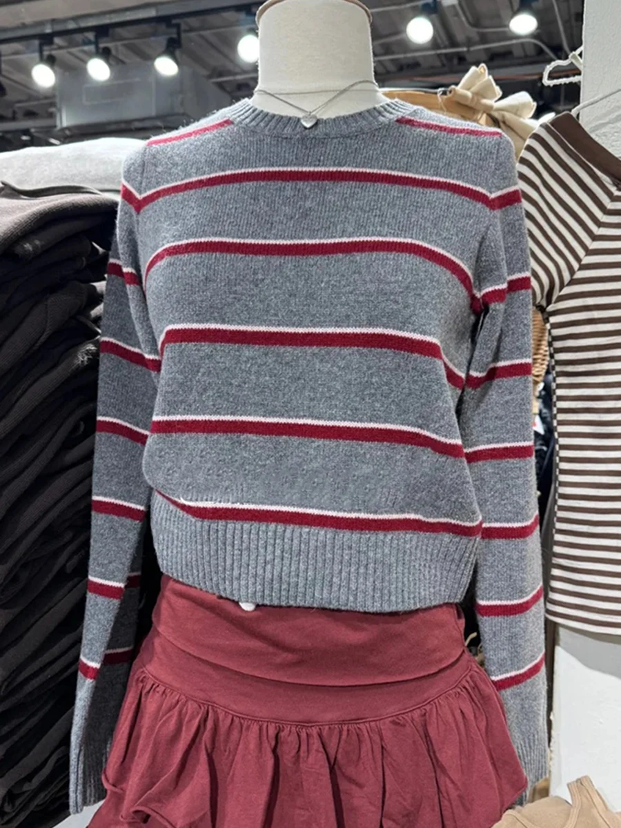 

Женские полосатые жаккардовые свитера с круглым вырезом и длинными рукавами из хлопка, повседневные пуловеры в стиле преппи