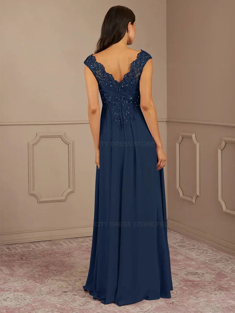 Vestidos azul marino oscuro para madre de la novia, Túnica de gasa con cuello en V y lentejuelas, longitud hasta el suelo, para fiesta de boda, 2023