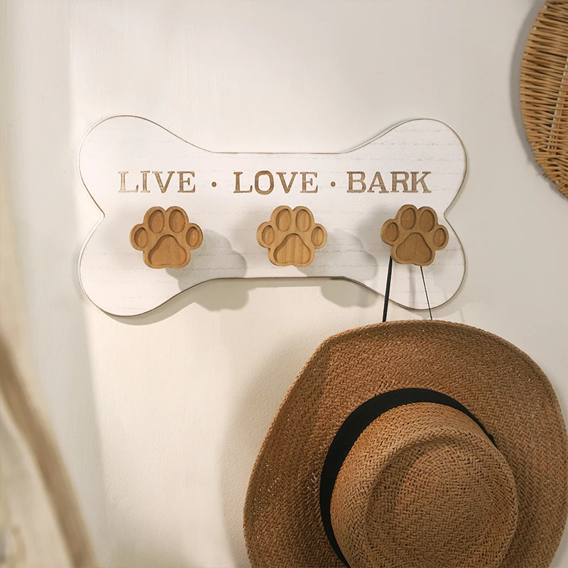 

Dog Paw Print Wooden Wall Hooks, Bone-Shaped Rack, Live Love Bark, Cute Pet Decor, White and Wood Color, Entryway Organizer