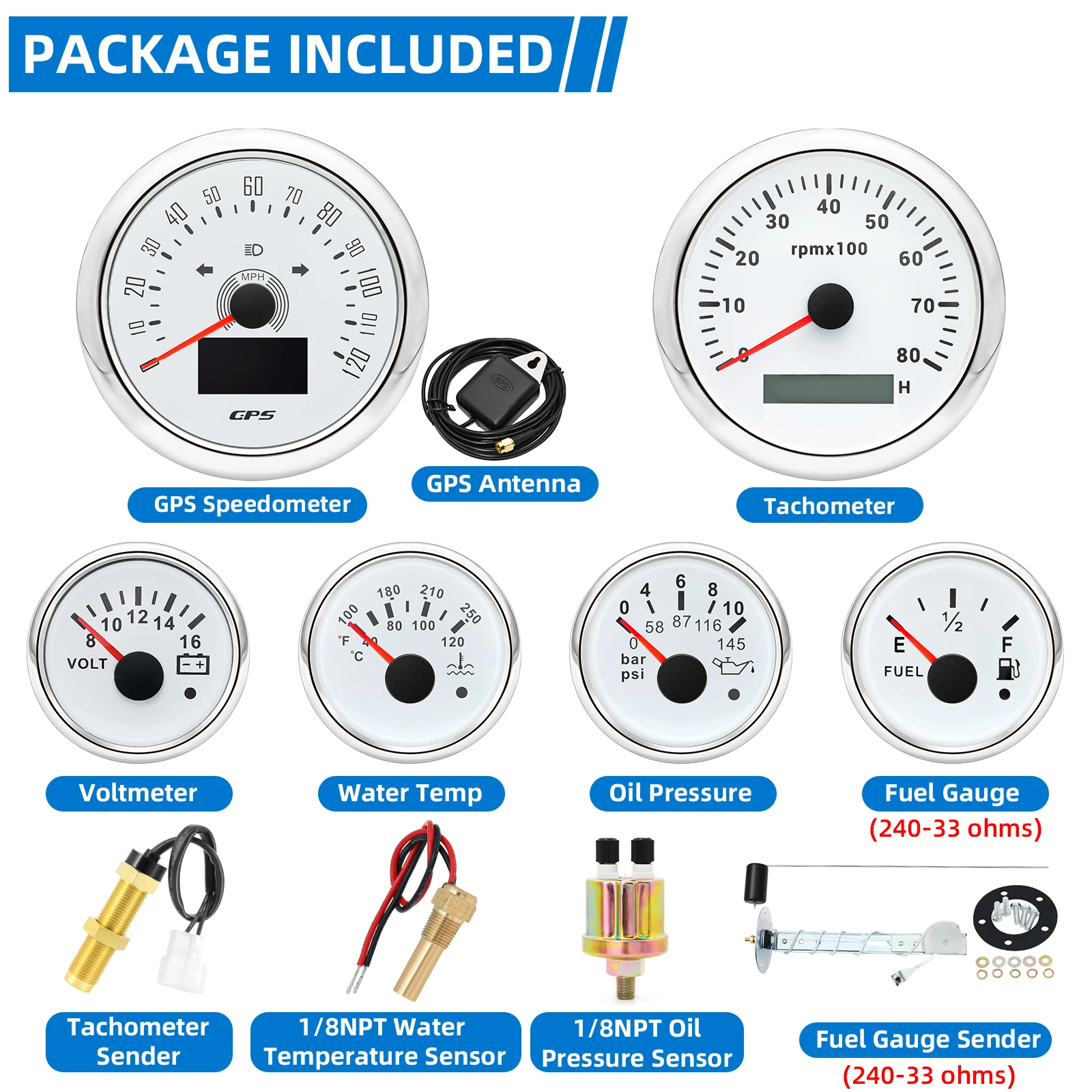 

6 Gauge Set with Senders 85mm + 52mm Gauge Kit GPS Speedometer 80MPH 120MPH Tachometer Water Temp Oil Press Fuel Gauge Voltmeter