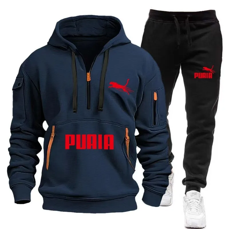 Novo conjunto de roupas esportivas com capuz e zíper masculino + calças esportivas duas peças outono e inverno terno esportivo casual masculino terno de corrida diário