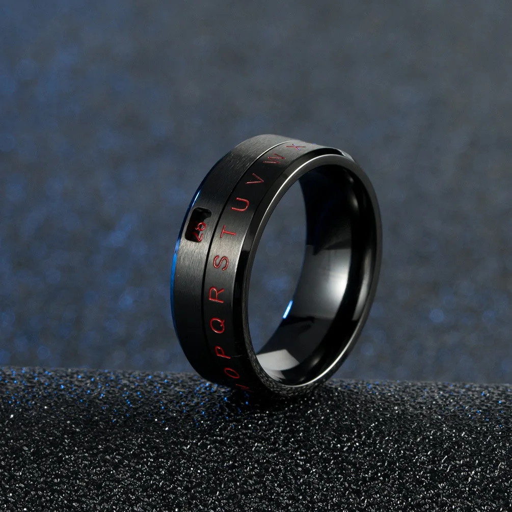 8MM Men\'s Stainless Steel Alphabet Number Spinner Ring Decoder Design Promise Engagement Wedding Band