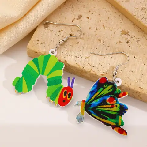 Creative Green Caterpillar Butterfly Acrylic Earrings Cartoon Insect  Drop Earring for Women Funny Jewelry Accessory