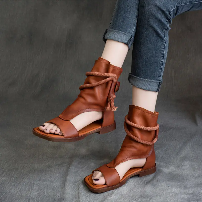 2024 Women's High Top Open Toe Sandals Summer Long Boots Luxury Hollow Out Beach Sandals Leather Flat Shoes Women's