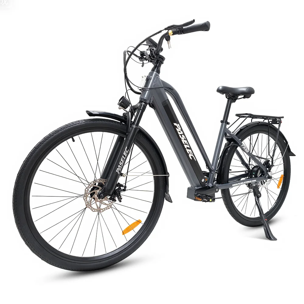 PASELEC TX10 Elektrische stadsfiets voor volwassenen, 27,5 inch aluminium frame, 48V 19,2AH lithium batterij met lange actieradius, stads-e-bike