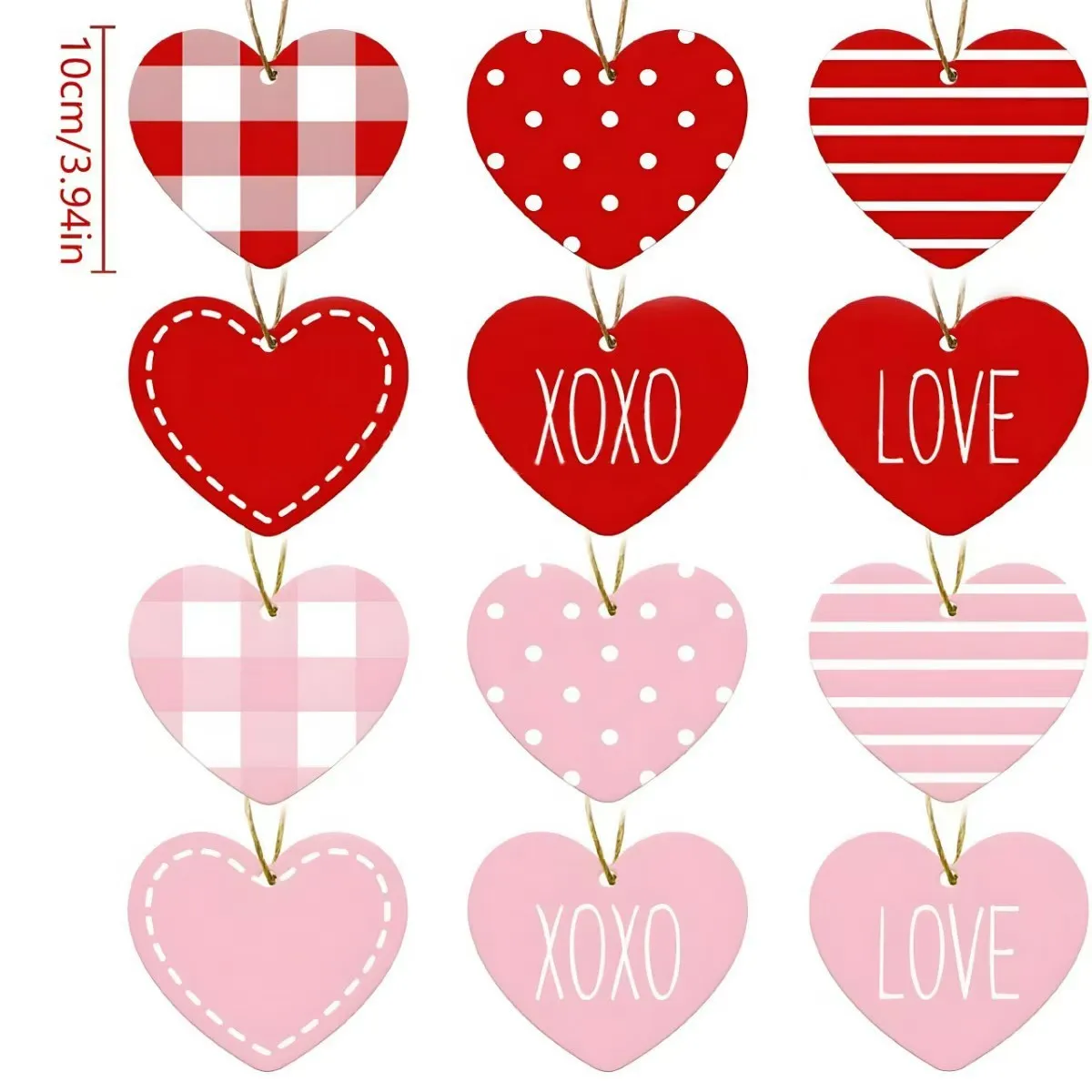 24 قطعة كبيرة من زخارف شجرة على شكل قلب باللون الأحمر والوردي والأبيض، زينة معلقة على شكل قلب خشبية لطيفة لعيد الحب