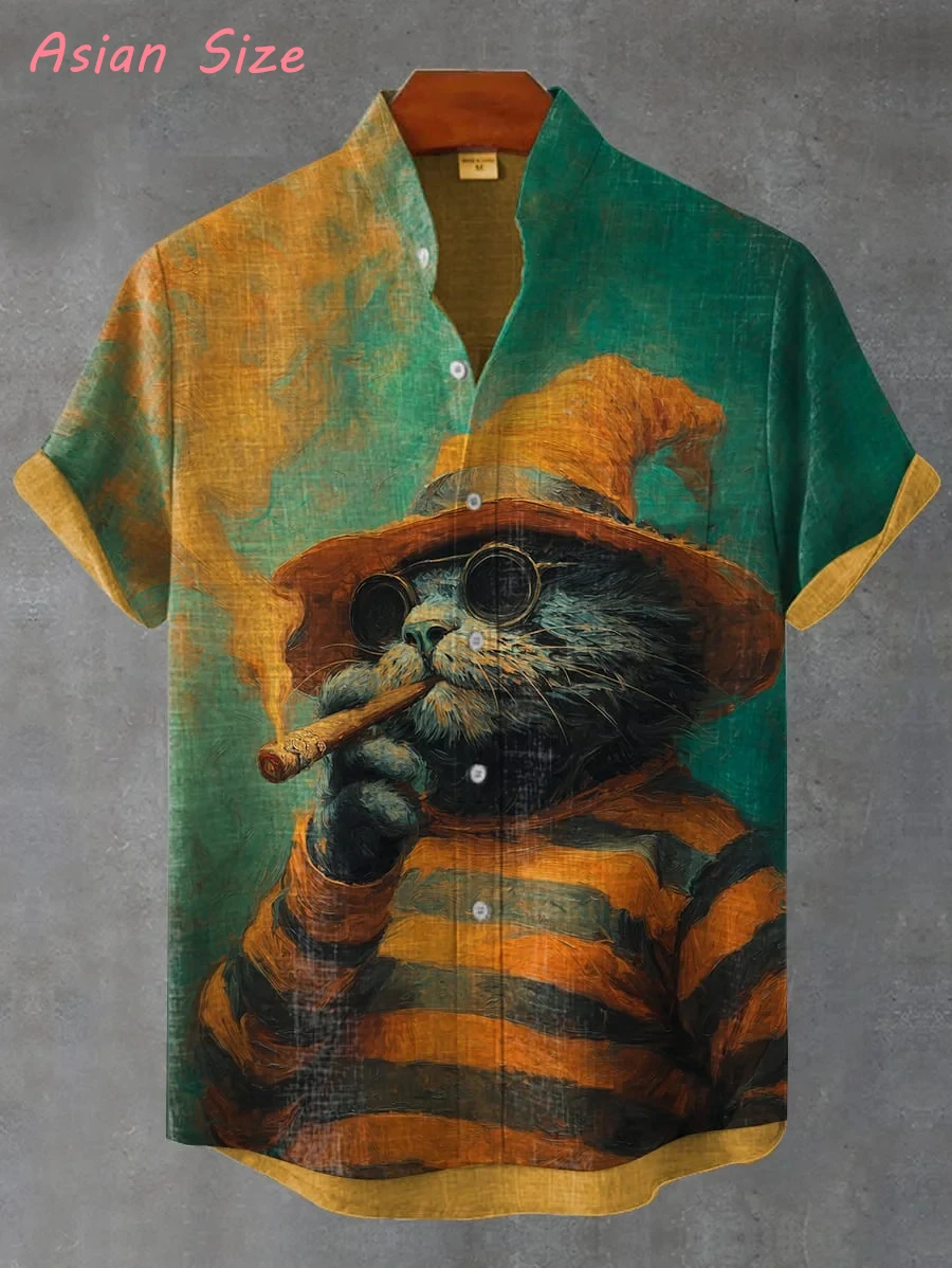

Мужская гавайская рубашка с аниме-принтом кота, с коротким рукавом, на пуговицах, с отложным воротником, для лета, забавная, повседневная, для отпуска, 2025